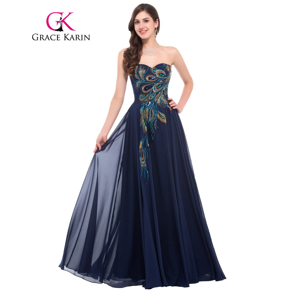 Strapless Peacock Dress Long Chiffon Embroidery Formal Evening Gowns Robe De Soiree Wedding Prom Dress 2018