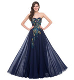Strapless Peacock Dress Long Chiffon Embroidery Formal Evening Gowns Robe De Soiree Wedding Prom Dress 2018
