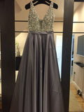 V-Neck Beads Bodice Long Evening Dress Party Elegant