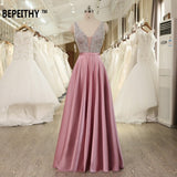 V-Neck Beads Bodice Long Evening Dress Party Elegant