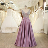 V-Neck Beads Bodice Long Evening Dress Party Elegant
