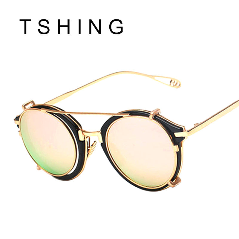 TSHING New Steampunk Round Sunglasses Men Women Fashion Brand UV400 Alloy Frame Steam punk Mirror Clip Sun Glasses Male Female