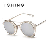 TSHING New Steampunk Round Sunglasses Men Women Fashion Brand UV400 Alloy Frame Steam punk Mirror Clip Sun Glasses Male Female