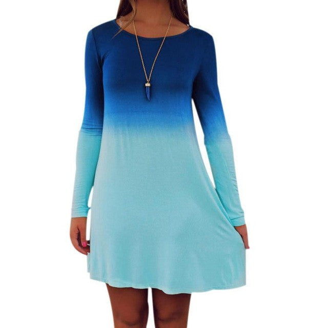Long Sleeve Casual Loose Gradient Color Short Mini Dress Women