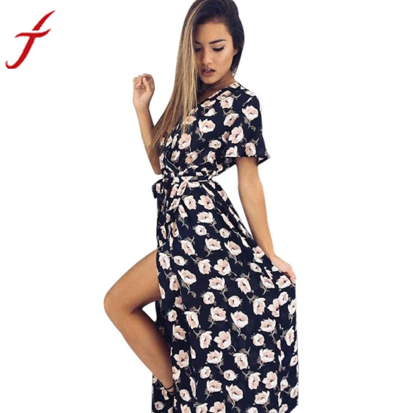 Floral print summer Deep V long dress