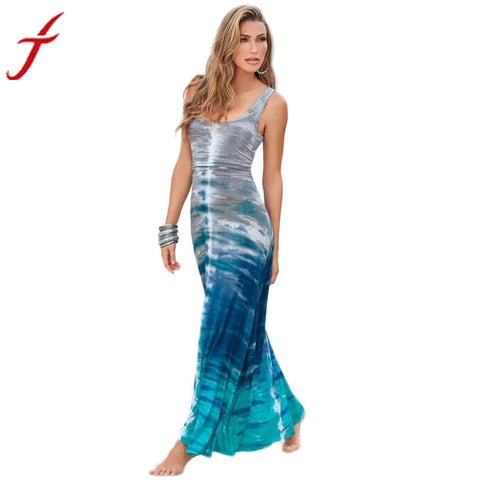 Lady Party Dress Sexy O-Neck Gradient Color Slim