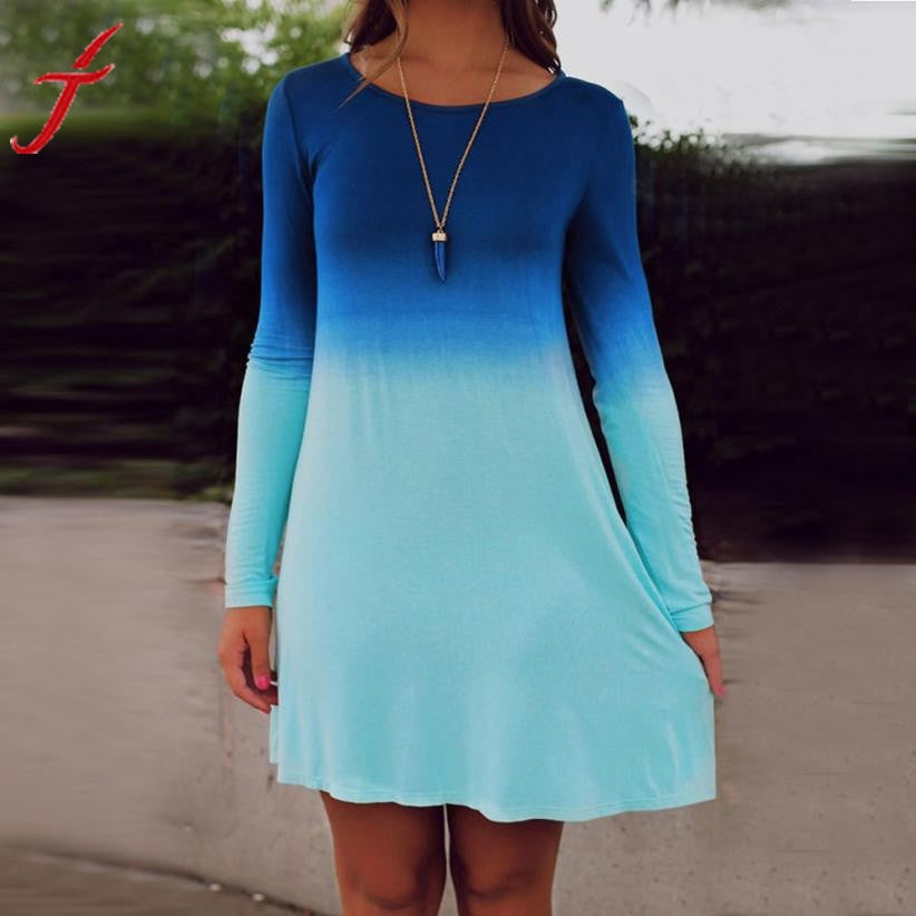 Long Sleeve Casual Loose Gradient Color Short Mini Dress Women