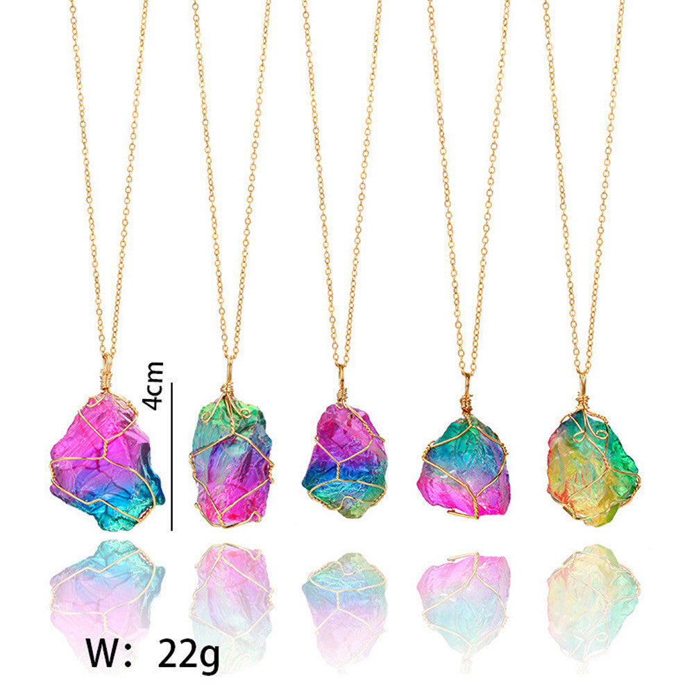 Rainbow Stone Natural Crystal  Rock Necklace Gold Plated Quartz Pendant
