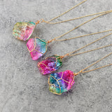 Rainbow Stone Natural Crystal  Rock Necklace Gold Plated Quartz Pendant
