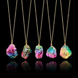 Rainbow Stone Natural Crystal  Rock Necklace Gold Plated Quartz Pendant