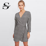 Grey V Neck Self Tie Houndstooth Dress Work