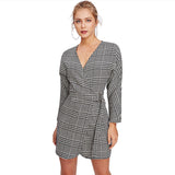 Grey V Neck Self Tie Houndstooth Dress Work