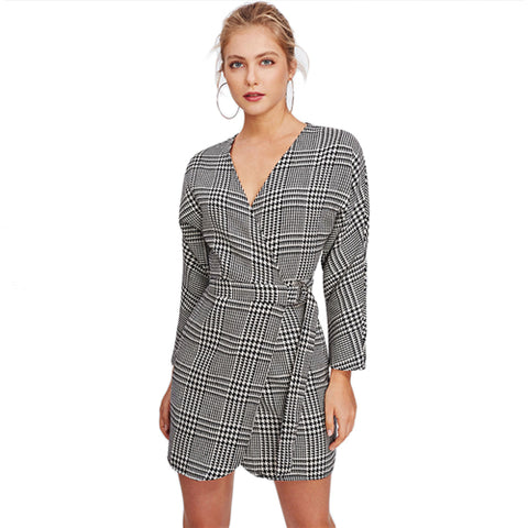 Grey V Neck Self Tie Houndstooth Dress Work