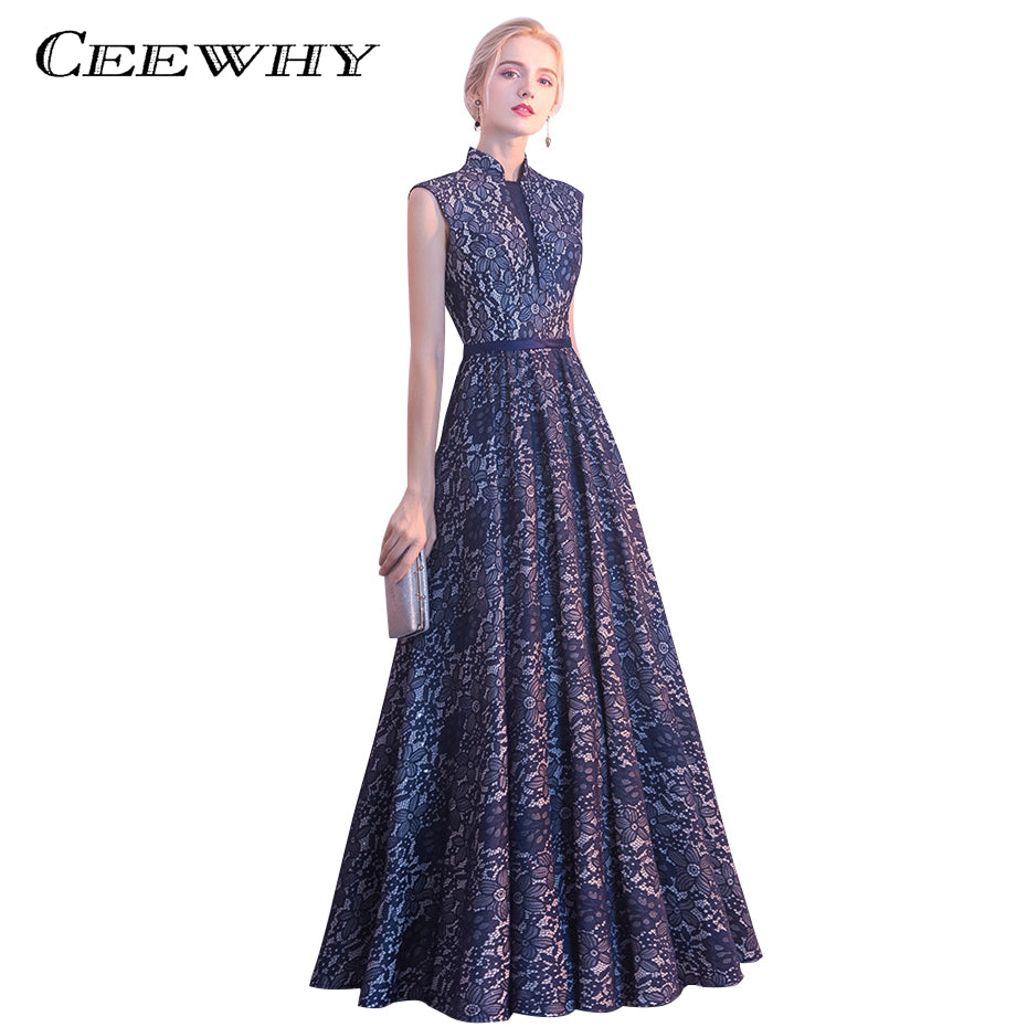 CEEWHY Navy Blue Formal Dress Evening Gowns Long Prom Dresses Abiye Vestido de Noche Vintage Lace Evening Dress Vestido de Festa