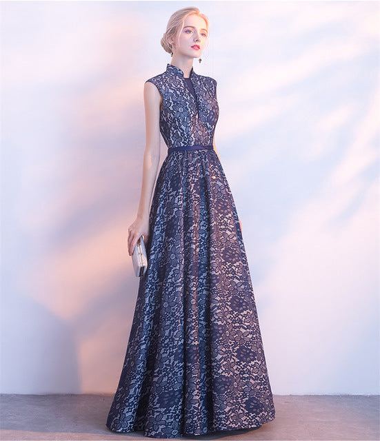 CEEWHY Navy Blue Formal Dress Evening Gowns Long Prom Dresses Abiye Vestido de Noche Vintage Lace Evening Dress Vestido de Festa