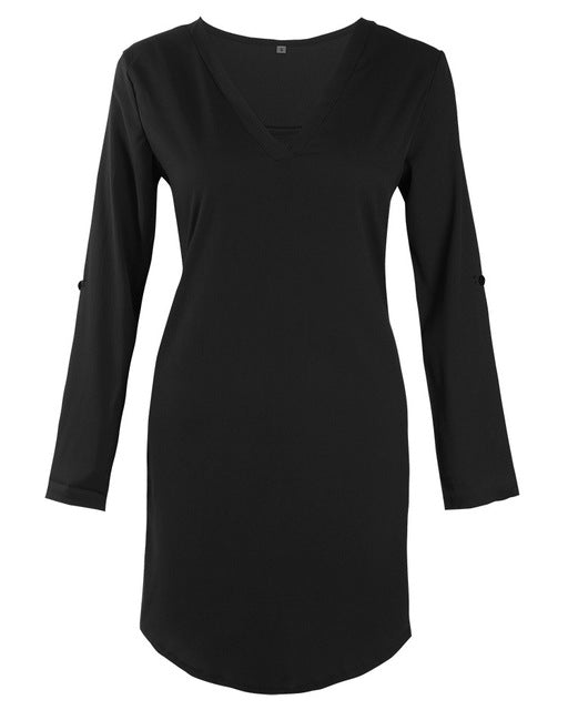 2018 Woman Summer Dress Loose casual solid V neck long sleeve